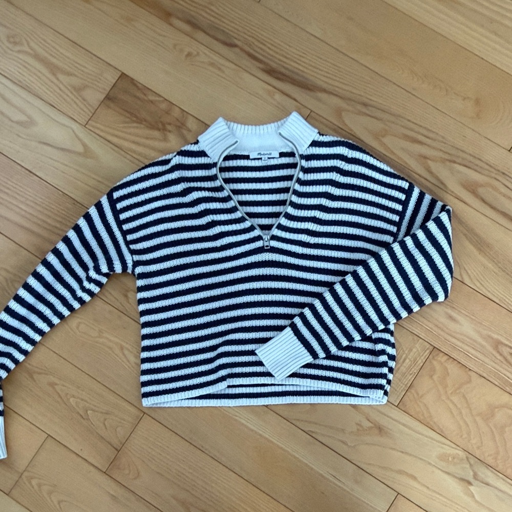 Madewell Navy and White Striped V-Neck Sweater